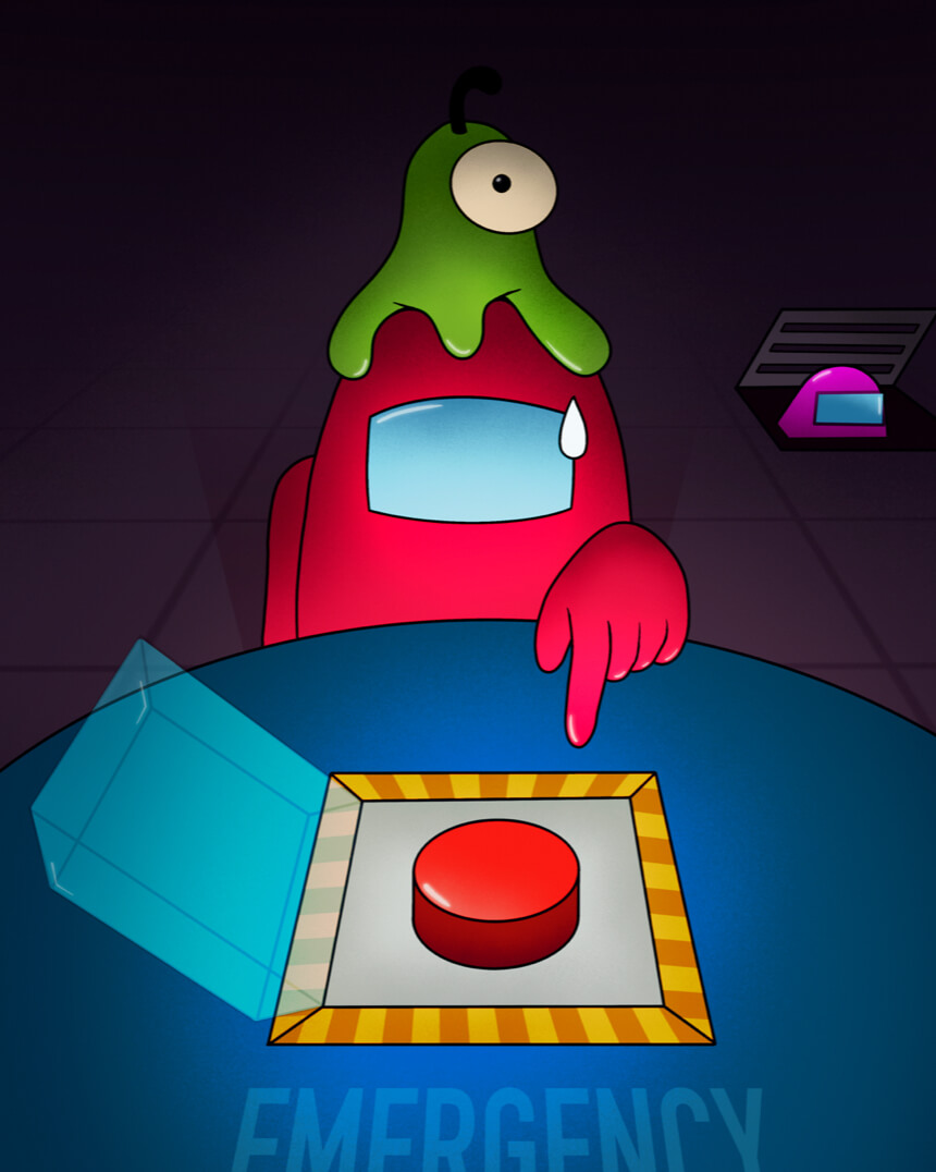 Among Us character pressing emergency button while another character sneaks in vents aboard spaceship.