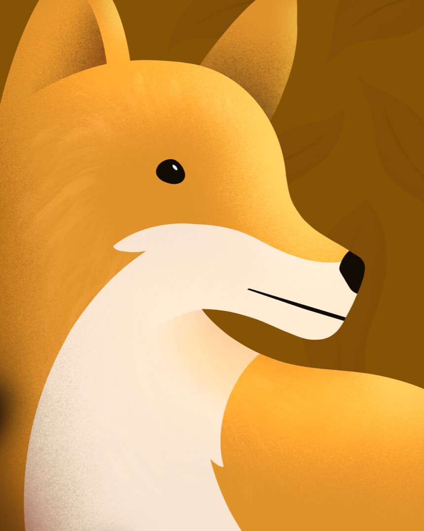 Orange fox illustration with autumn vibes and leaves in background.