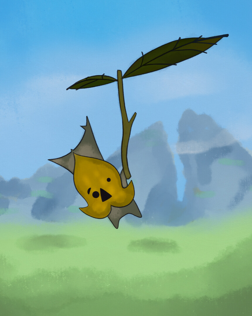 Korok Seed floating with mountains in background, from Zelda: Breath of the Wild.