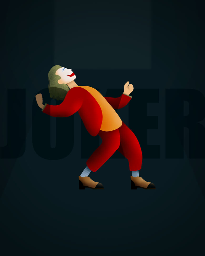The Joker dancing on staircase, iconic scene from the movie.